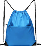 Drawstring Backpack Sports Water Resistant String Bag Sport Gym Sackpack for Women Men Large with Zipper, Neon Blue