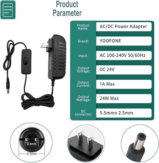 24V 1A AC Power Supply with On/Off Switch Adapter 100-240V to DC 24V Power Adapter Transformer DC 6.2FT Power Cord with 5.5x2.5mm Plug