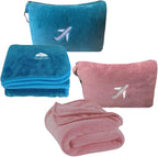 BlueHills Premium Soft Mini Plush Travel Blanket Value Pack Set of 2 - Airplane Travel Essential Flight Blanket Throw in a case with Strap Compact for Car Plane Travel Gift –Pink and Teal Blue.