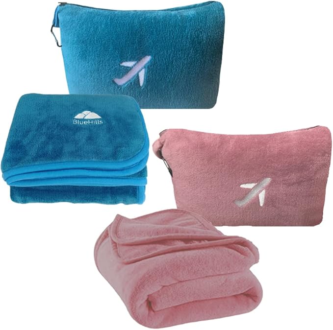 BlueHills Premium Soft Mini Plush Travel Blanket Value Pack Set of 2 - Airplane Travel Essential Flight Blanket Throw in a case with Strap Compact for Car Plane Travel Gift –Pink and Teal Blue.