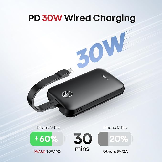 iWALK Magnetic Power Bank 10000mAh, 30W Wireless Portable Charger with Fast Charging USB-C Cable,Qi2 Certified 15W Battery Pack with LED Display for iPhone 17/16/16 Pro/15/14/13 Series, Samsung Galaxy