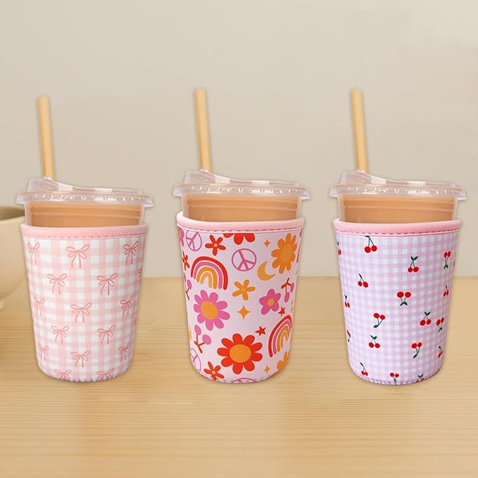 Reusable Insulated Neoprene Iced Coffee Cup Sleeve, Durable Drink Sleeve for Cold Beverages, Beverage Holder for Iced Coffee, Pink Cherry