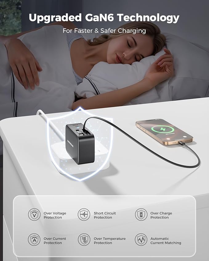 SUPERONE Retractable iPhone Charger, 4-Port USB C Charger Block, iPhone Chargers Fast Charging with Dual USB C Cable, Wall Chargers for iPhones 17/16/15/14/13/12/11 Series, Pad, Samsung, Pixel - Black