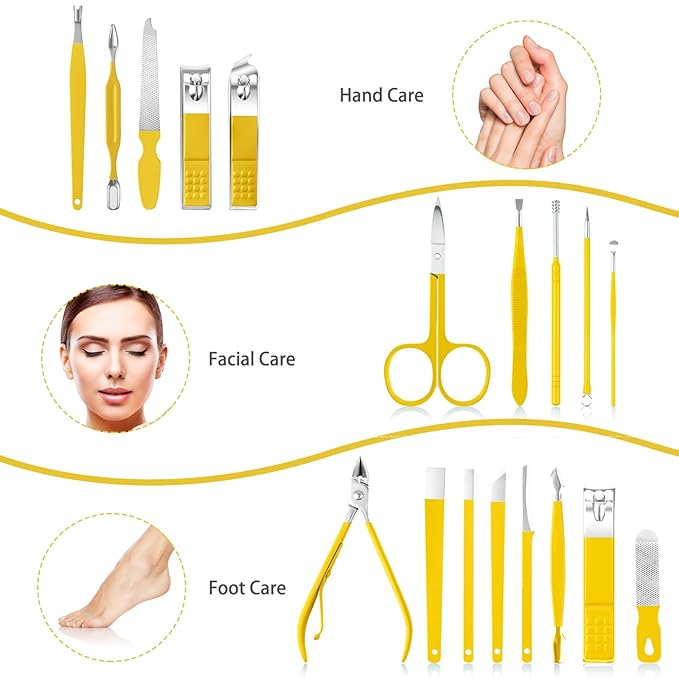 Teamkio 18pcs Manicure Set Pedicure Nail Clippers Set Travel Hygiene Kit Stainless Steel Professional Cutter Care Set Scissor Tweezers Knife Ear Pick Tools Grooming Kits with Leather Case(Yellow）