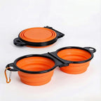 Collapsible Dog Bowls with Carabiner, Double Portable Travel Pet Bowls for Food and Water, Foldable Silicone Dog Bowl for Walking, Hiking, Camping, Small Medium Dogs and Cats,Orange