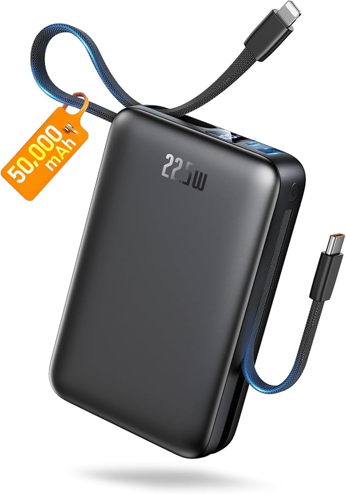 Portable Charger 50000mAh Power Bank,Portable Phone Charger with 2 Built in Cables,22.5W Fast Charging Travel Essentials Battery Pack for iPhone/iPad/MacBook/Android/Samsung