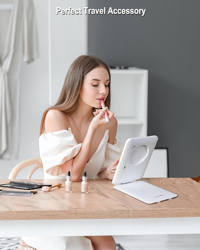 Rechargeable Travel Makeup Mirror with Lights and10x Magnification, 70 LEDs 3 Color Lights, Foldable Beauty Mirror, Portable Lighted Mirror Offwhite with Carrying Case