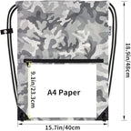 draw string back bag, Large Gym Sports string backpack for men and women with front zipper pocket and inside zipper pocket to keep key or phone (Grey camo)