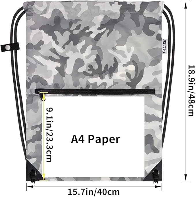 draw string back bag, Large Gym Sports string backpack for men and women with front zipper pocket and inside zipper pocket to keep key or phone (Grey camo)