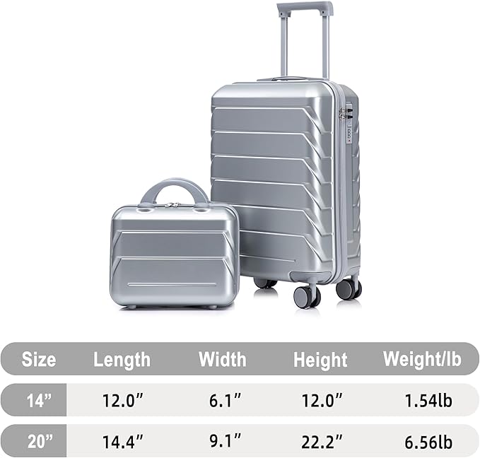 Kids Luggage Sets for Girls, 2 Piece Luggage Set, 20 Inch Rotating Wheel Suitcase with 14 Inch Cosmetic Case, Lightweight Hardshell Suitcase with 360° Spinner Wheels for Travel (Silver)