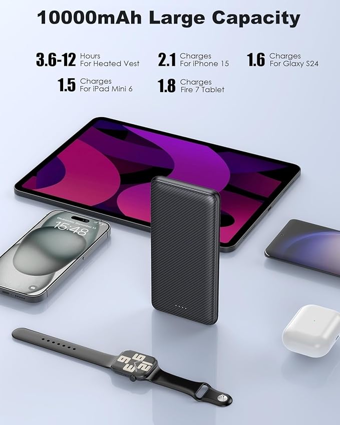 Power Bank 10000mAh Portable Charger, Slimmer Battery Pack 5V/3A with USB C Input & Output, Travel Essentials Powerbank Compatible for iPhone, Galaxy, LG, Sony, Pixels, Tablets and More (Black)
