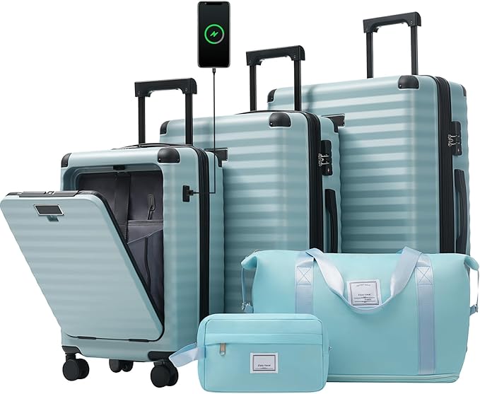 5 Piece Luggage Set w/TSA Locks & USB Port, Front Opening Hard Shell Luggage Sets, Expandable Suitcase Set with Wheels and Cup Holder(20"/24"/28") (Light Blue)