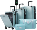 5 Piece Luggage Set w/TSA Locks & USB Port, Front Opening Hard Shell Luggage Sets, Expandable Suitcase Set with Wheels and Cup Holder(20"/24"/28") (Light Blue)