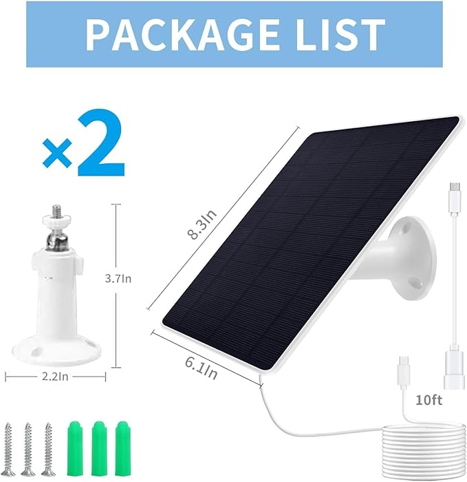 Solar Panel Charger Compatible with Eufycam 2C/2C Pro/E40/E20/2/2 Pro/E, 5V 5W Continuously Charging, 9.8ft Cable, Weatherproof (2Pack)