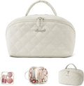 LOVEVOOK Travel Makeup Bag for Women, 2Pcs Puffer Waterproof Cosmetic Organizer, Large Capacity Pouch Open Flat Small Toiletry Bag with Brush Compartment & Handle (Off-white, Medium)