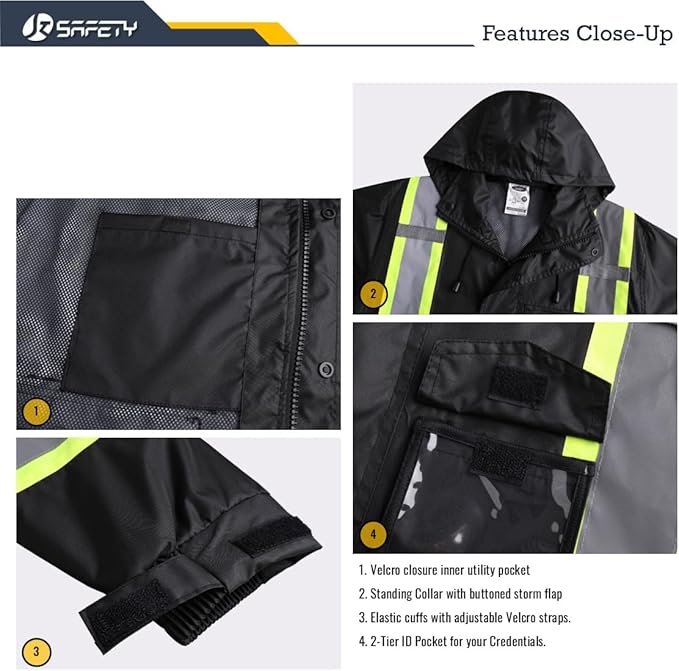 JKSafety Hi-Vis Reflective Safety Rain Jacket for Men Women Waterproof Rain Gears for Farming Fishing Work HV Rain Jacket with Inner Mesh Lining and Pockets (117A-Black M)