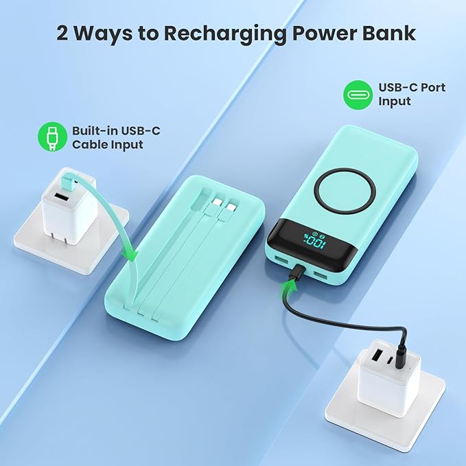 Wireless Portable Charger 40800mAh for iPhone with 3 Built-in Cables,7-in-1 15W Wireless Charging USB C Power Bank,25W PD Fast Charging Travel Essential Battery Pack for iPhone 17/16/15,Android-Green