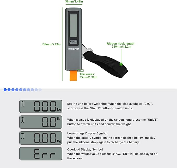 ECSiNG Portable Luggage Scale Battery Free - Digital & Backlit LCD Display, Luggage Weight Scale, 110 lbs/50 kg, For Travel, Airplane, Shipping, Shopping, Outdoor