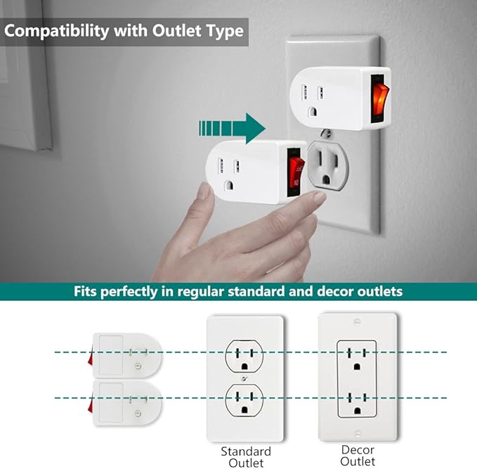Grounded Outlet Adapter, ANKO ETL Listed Wall Tap Adapter with Red Indicator On/Off Power Switch (4 Pack)