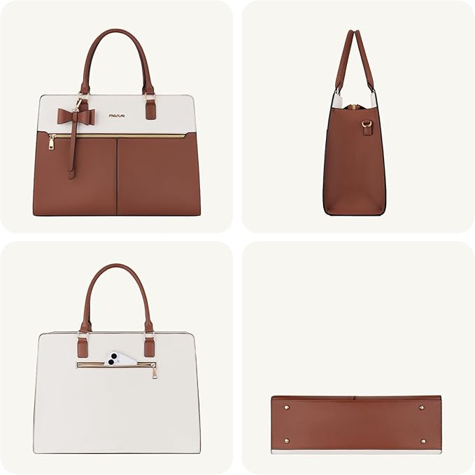 MOSISO Laptop Tote Bag for Women, 15.6 inch Waterproof PU Leather Work Bag with Clutch Purse & Bowknot, Large Capacity Handbag Shoulder Computer Bags Work Briefcase for Business Teacher Office, Brown