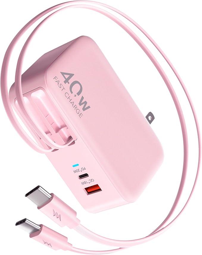 Retractable USB C Charger Wall Plug with 35.5in/90cm Type C Cables Cords,40W Fast Charging Foldable Block Multi Charger for All Devices for iPhone 17/16/15/14/13/12,iPad,Galaxy,Pixel