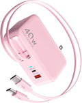 Retractable USB C Charger Wall Plug with 35.5in/90cm Type C Cables Cords,40W Fast Charging Foldable Block Multi Charger for All Devices for iPhone 17/16/15/14/13/12,iPad,Galaxy,Pixel