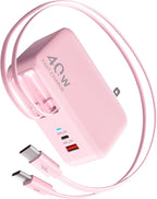 Retractable USB C Charger Wall Plug with 35.5in/90cm Type C Cables Cords,40W Fast Charging Foldable Block Multi Charger for All Devices for iPhone 17/16/15/14/13/12,iPad,Galaxy,Pixel
