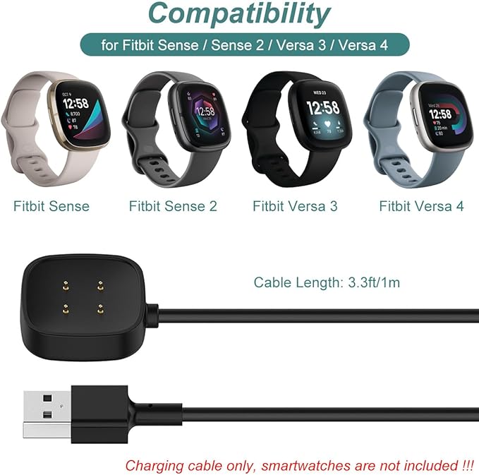 Charger for Fitbit Versa 4/Versa 3/Sense 2/Sense, Replacement Charging Cable Cord Magnetic Dock Stand for Fitbit Sense 1/2, Versa 3/4 Smartwatch [2Pack, 1m/3.3ft]