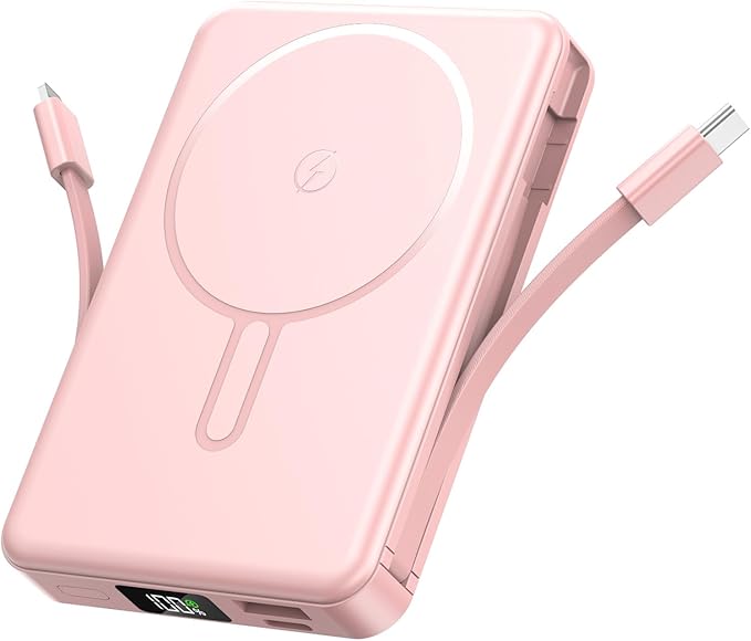 Magnetic Portable Charger, Power Bank Fast Charging 22.5W 10000mAh, Portable Charger with Built in Cable, for Magsafe Battery Pack Compatible with iPhone 17/16/15/14/13/12 Pro/Pro Max, Samsung Pink