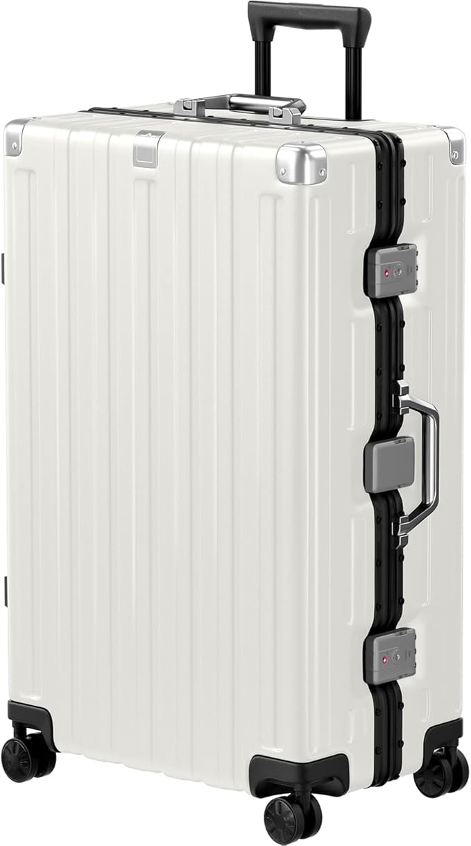 Krute Aluminum Frame Luggage 28 Inch Checked Suitcase with Spinner Wheels TSA Approved No Zipper Hard Shell Luggage PC+ABS Travel Suitcase White
