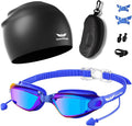 7 in 1 Swim Goggles + Swim Cap for Men Women,No Leak Anti-Fog & UV, Wide Visio HD Mirror PC Lens