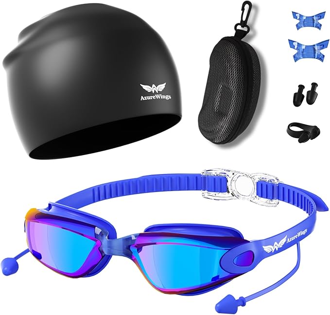 7 in 1 Swim Goggles + Swim Cap for Men Women,No Leak Anti-Fog & UV, Wide Visio HD Mirror PC Lens