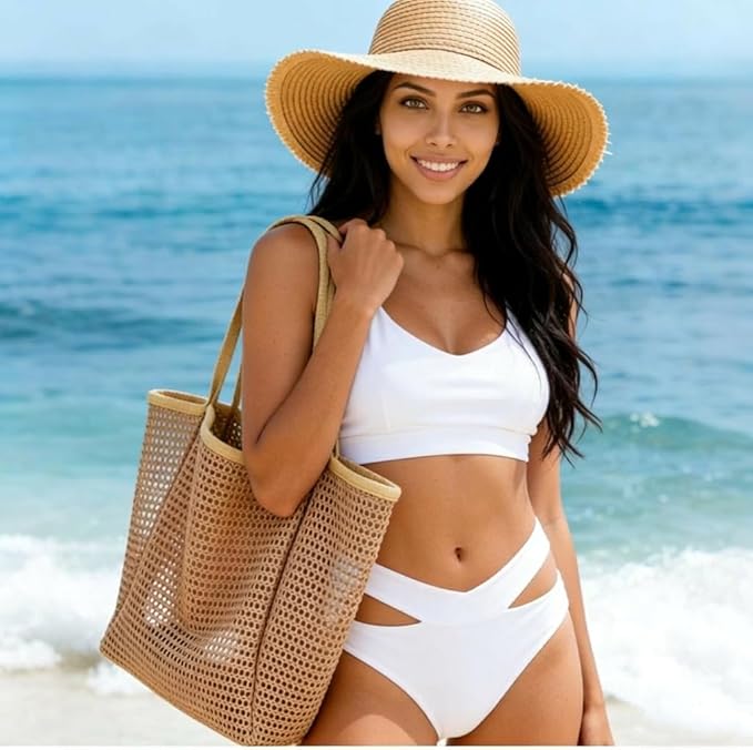 Iioscre Beach Bag for Women, Causal Hobo Pool Bags with Zipper Inner Pocket, Foldable Swim Tote Bag for Vacation Essentials