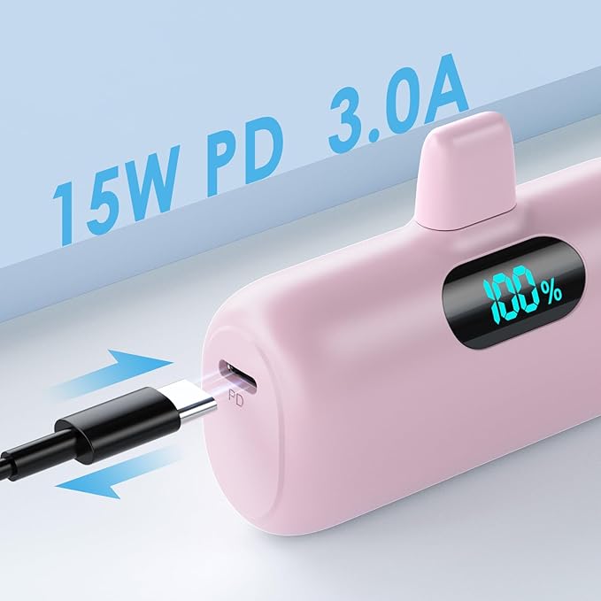 [2 Pack] Small Portable Charger for iPhone14/13, 5000mAh PD Fast Charging Power Bank, LCD Display Cute Mini Battery Pack Compatible with iPhone 14/14 Pro Max/13/13 Pro/12 Pro/11/XR/X/8-Black+Pink