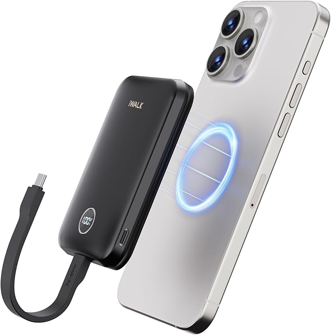 iWALK Magnetic Power Bank 10000mAh, 30W Wireless Portable Charger with Fast Charging USB-C Cable,Qi2 Certified 15W Battery Pack with LED Display for iPhone 17/16/16 Pro/15/14/13 Series, Samsung Galaxy