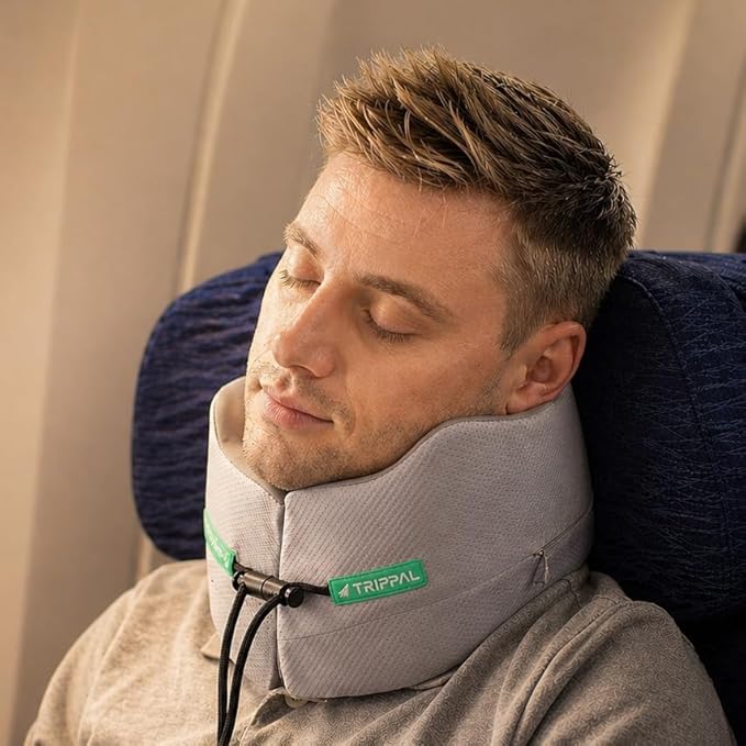 Travel Neck Pillow for Airplane: Neck Brace-Like Support 360° Chin Lock for Men in Middle Seat Sleep - Zero Head Slumping into Strangers - 8-Hour Upright Sleeping Without Neck Pain
