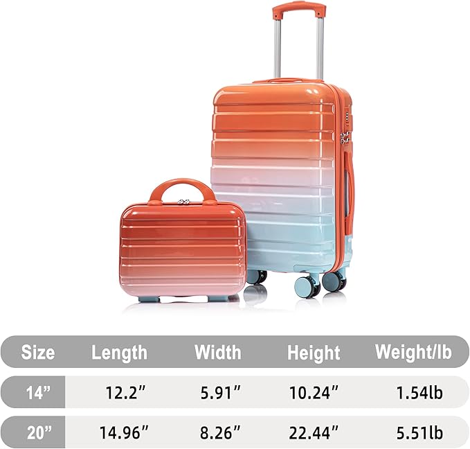 Kids Luggage Sets for Girls, 2 Piece Luggage Set, 20 Inch Rotating Wheel Suitcase with 14 Inch Cosmetic Case, Lightweight Hardshell Suitcase with 360° Spinner Wheels for Travel (Blue+Red)
