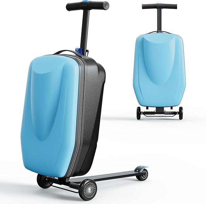 TABU 21" 3-D Hardshell Scooter Suitcase for Kid & Adult, Foldable Carry-on Scooter Luggage for Age 4-15, Multifunctional Ride On Lightweight Luggage with Telescopic Handle, Light Blue