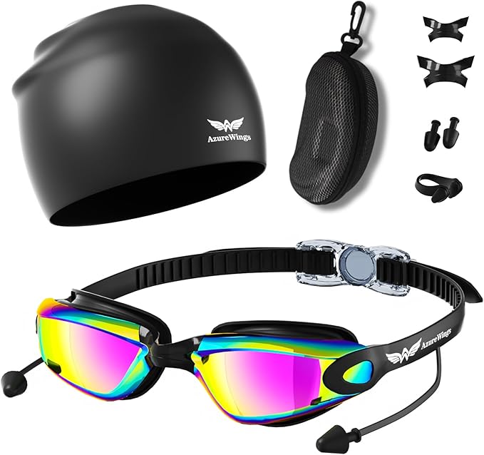 7 in 1 Swim Goggles + Swim Cap for Men Women,No Leak Anti-Fog & UV, Wide Visio HD Mirror PC Lens