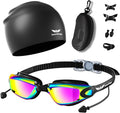 7 in 1 Swim Goggles + Swim Cap for Men Women,No Leak Anti-Fog & UV, Wide Visio HD Mirror PC Lens