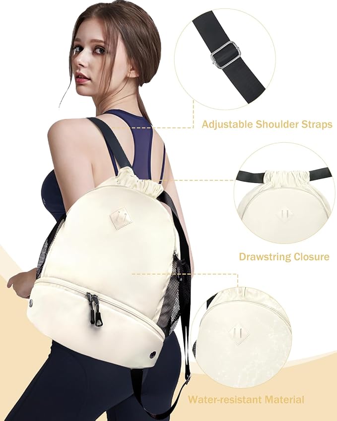 RHDZO Drawstring Backpack Gym Backpack with Shoe Compartment for Men Women String Sports Bag with Wet Pocket Cinch Swim Beach Bag, Large Beige