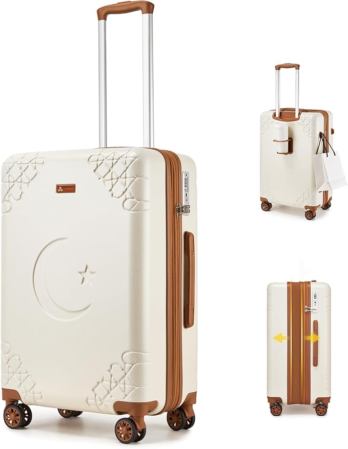 Somago Expandable Carry On luggage with Shock-Absorbing Braking Spinner Wheels Moon Star Design Hard Shell Suitcase with Cupholder TSA Lock (White,Expandable 20 Inch)
