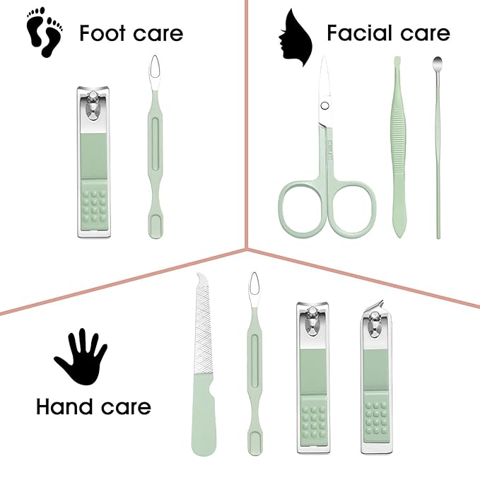 Manicure Set - 7 Pieces Professional Travel Nail Clippers with Green Leather Bag, Stainless Steel Nail Care Tools Grooming Kit for Women