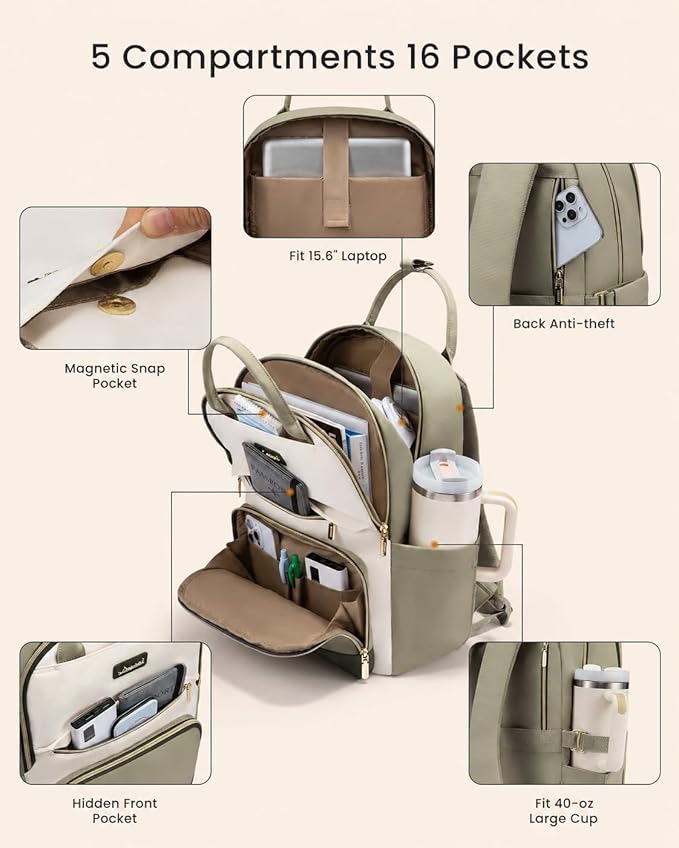 LOVEVOOK Laptop Backpack for Women with Giant Tumbler Holder Pocket, 15.6 inch Travel Work Backpack Purse for Teacher Nurse, Waterproof College Book Bag Cute Casual Daypack, Beige-Nude