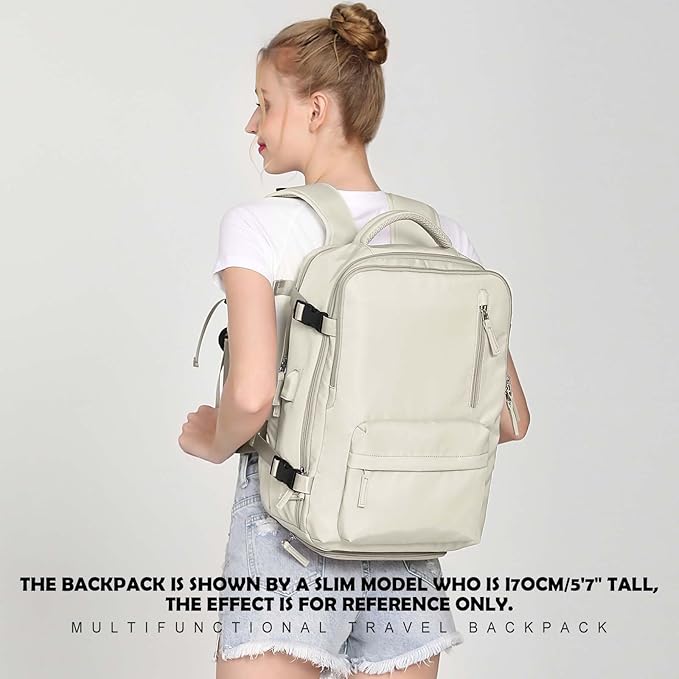 WONHOX Large Travel Backpack Women, Carry On Backpack,Hiking Backpack Waterproof Outdoor Sports Rucksack Casual Daypack with USB Charging Port Shoes Compartment,Beige