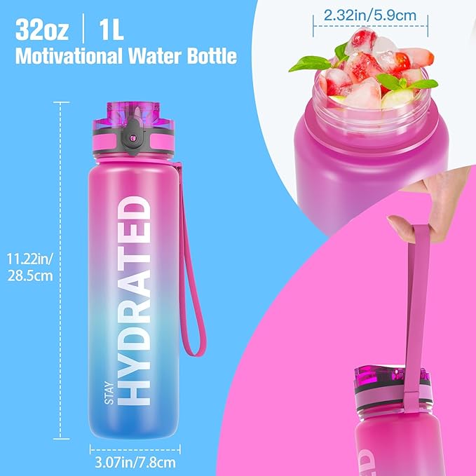 Sahara Sailor Water Bottle, 32/25/17oz Durable and Leakproof Water Bottles Motivational with Time Marker, Tritan, BPA Free, Wide Mouth with Easy Clean Brush for Gym, Travel, School, Office (1 Bottle)