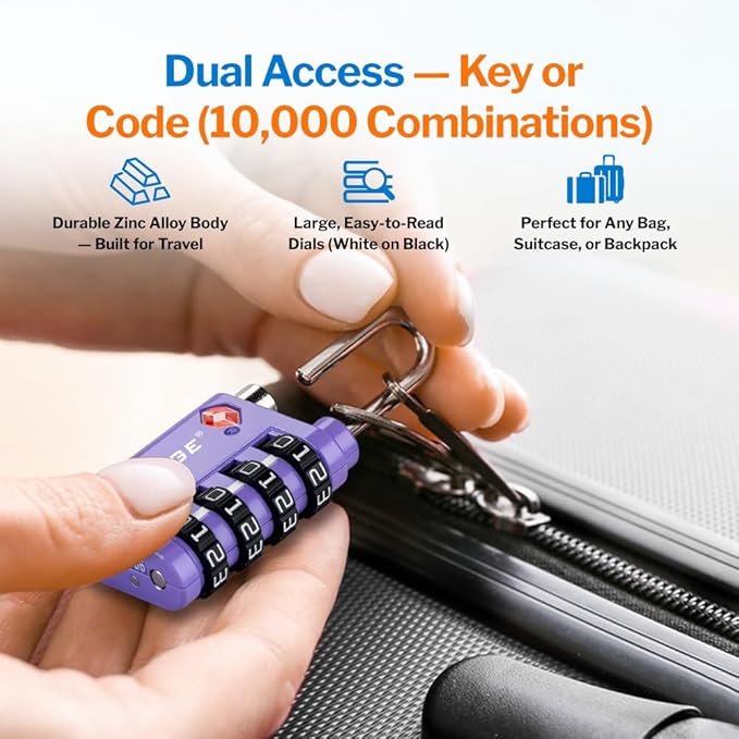 Forge Dual-Opening: Key or Combination Lock, TSA Approved Lock for Luggage, Pelican case, Travel, Gym, School, Luggage Combination Lock, Travel Bag Lock (Purple 2 Pk)