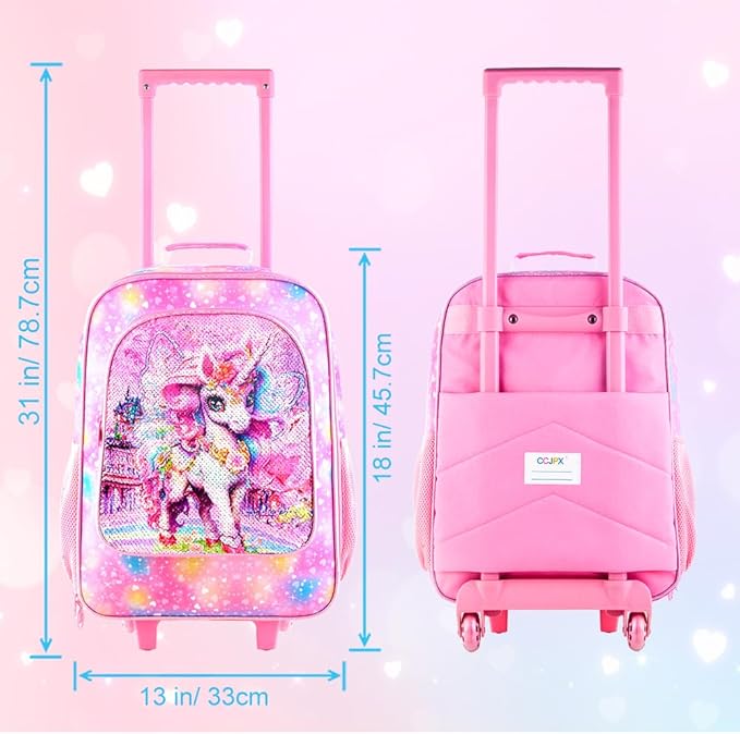 HPJGD Girls Luggage, Kids Sequins Rolling Luggage, Cute Unicorn Travel Carry on for Elementary Preschool Toddler