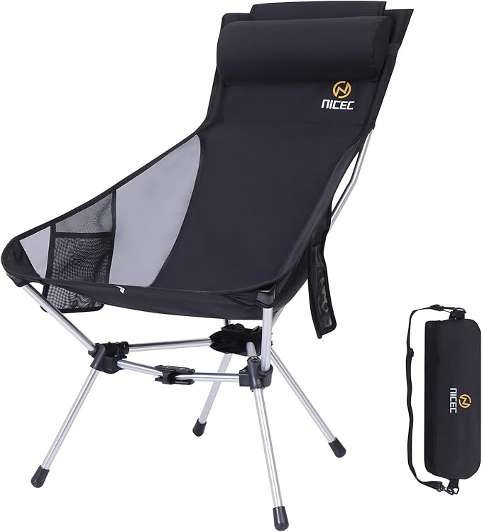 Nice C Ultralight High Back Folding Camping Chair, Collapsible Backpacking Chair, Compact & Heavy Duty Outdoor, Travel, Picnic, Festival with 2 Side Pockets, Pillow &Carry Bag (One Black)
