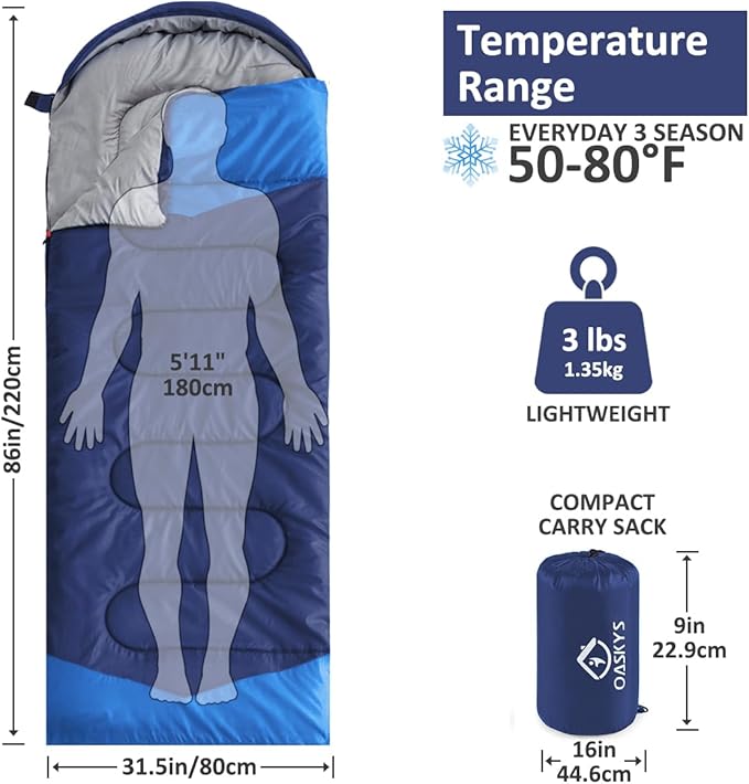 oaskys Camping Sleeping Bag - 3 Season Warm & Cool Weather - Summer Spring Fall Lightweight Waterproof for Adults Kids - Camping Gear Equipment, Traveling, and Outdoors